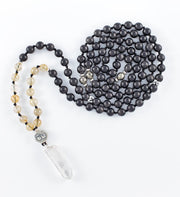 mala beads, mala necklace, black agarwood, golden rutilated quartz, pyrite, clear quartz